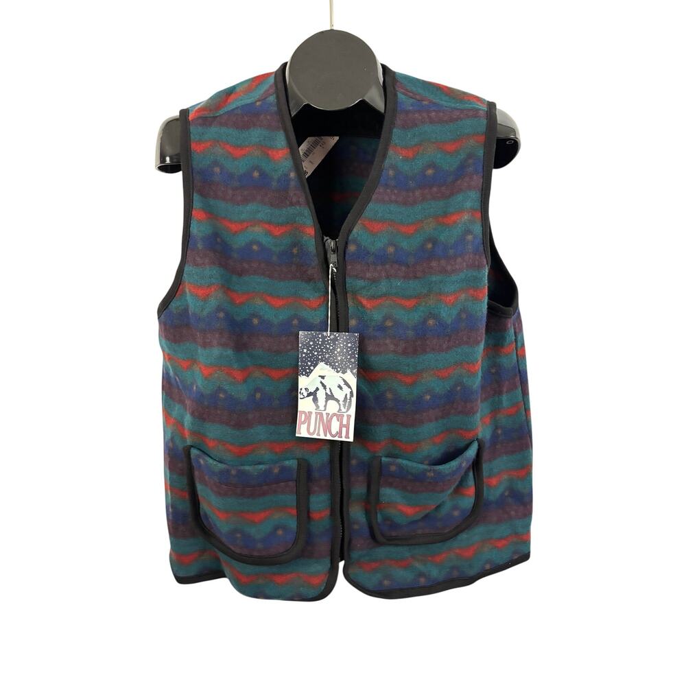 VTG 90s Punch Southwestern Fleece‎ Vest Mens Medium Teal Red Zip Front NWT